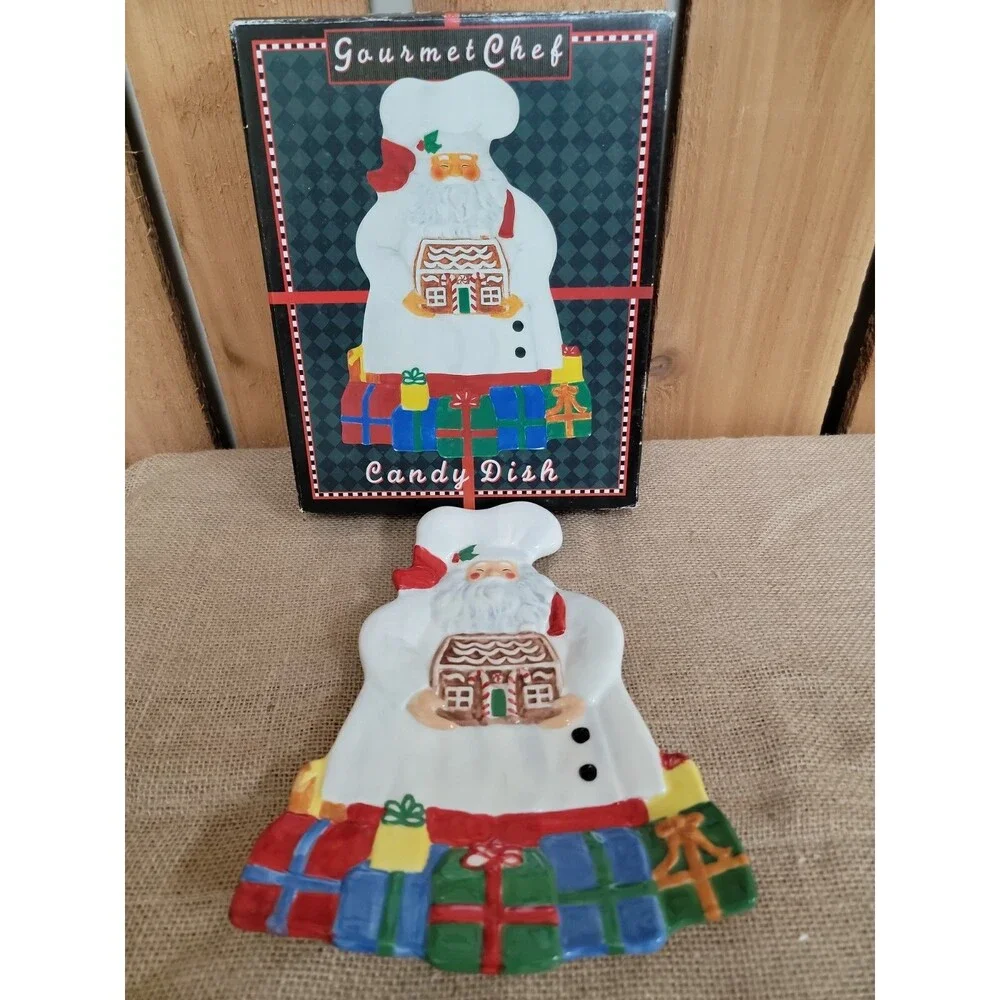 Gourmet Chef Santa With Gingerbread House Candy Dish With Box